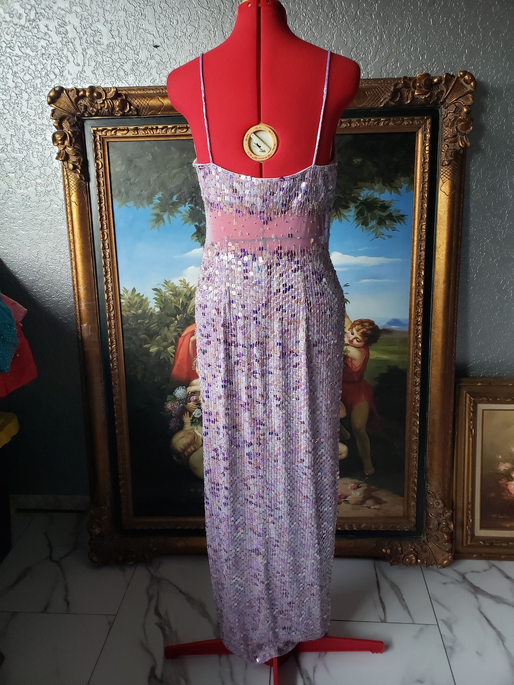 Gilar Evening Lilac Full Sequin Maxi Dress with Sheer Waist and Spaghetti Straps - Picture 4 of 4